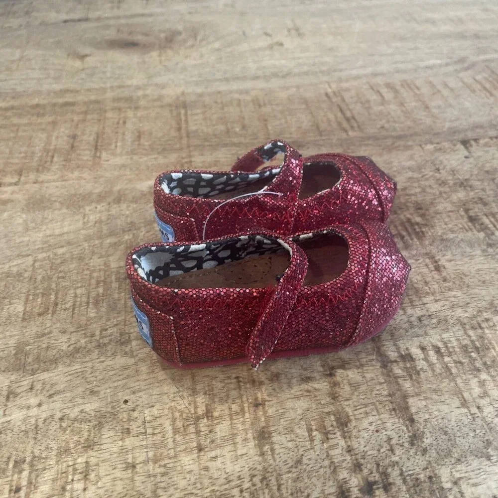 Toms Red Sparkle Mary Jane Shoes Slip On Hard Soles Formal Toddler Baby Size 2
